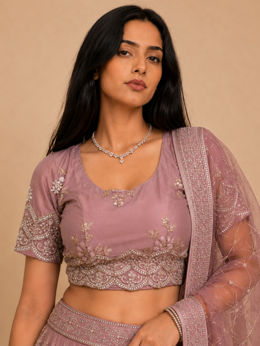 Mauve Floral Embroidered Lehenga